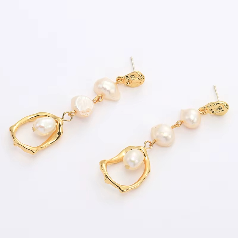 Designer Earrings 10 mm Cultured Baroque Freshwater Pearl Free-Form Drop Earrings in 925 Sterling Silver Pins 18K Gold Plated