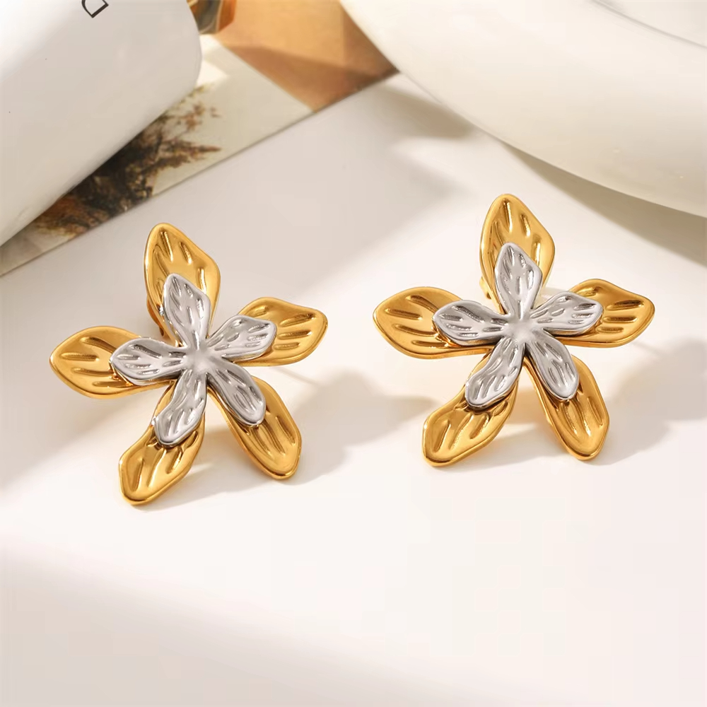 Designer Large Stainless Steel Layered Flower Stud Earrings for Women Trendy Waterproof Accessories on Ear Fashion Jewelry Gifts