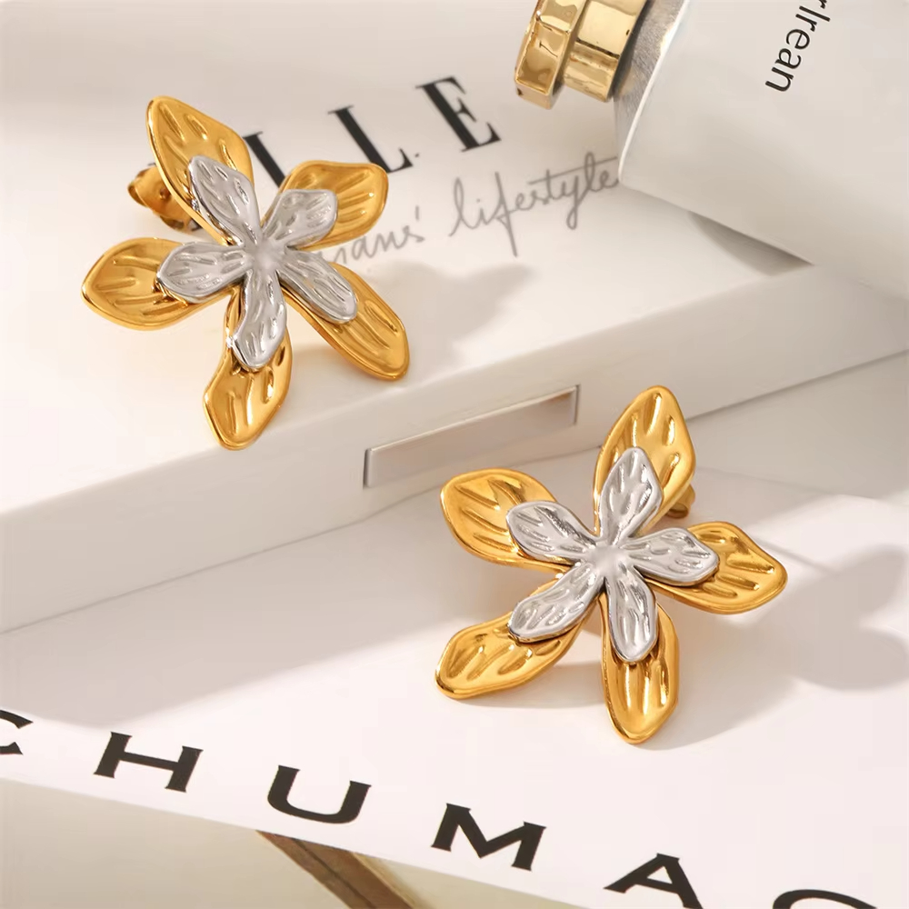 Designer Large Stainless Steel Layered Flower Stud Earrings for Women Trendy Waterproof Accessories on Ear Fashion Jewelry Gifts