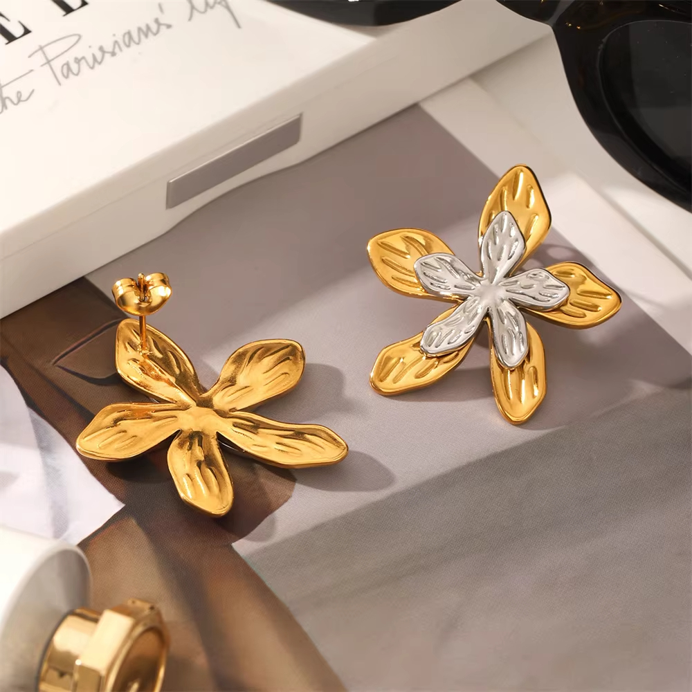 Designer Large Stainless Steel Layered Flower Stud Earrings for Women Trendy Waterproof Accessories on Ear Fashion Jewelry Gifts