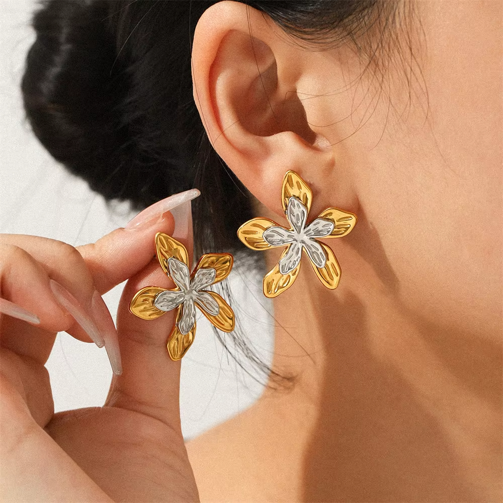 Designer Large Stainless Steel Layered Flower Stud Earrings for Women Trendy Waterproof Accessories on Ear Fashion Jewelry Gifts