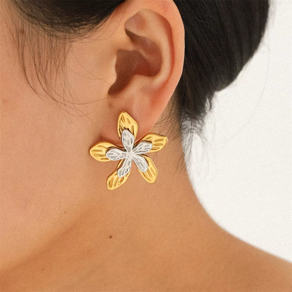 Designer Large Stainless Steel Layered Flower Stud Earrings for Women Trendy Waterproof Accessories on Ear Fashion Jewelry Gifts