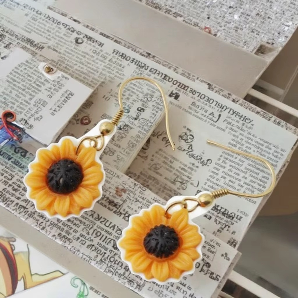 Distinctive New Style Stainless Steel Earrings Artificial Gem Sun Sunflower Inlaid Custom Logo Brand Printing New Fashion Resin