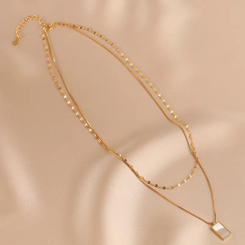 Layered Titanium Steel Cubic Zirconia Pendant Necklace – Dainty Double Chain Jewelry for Women