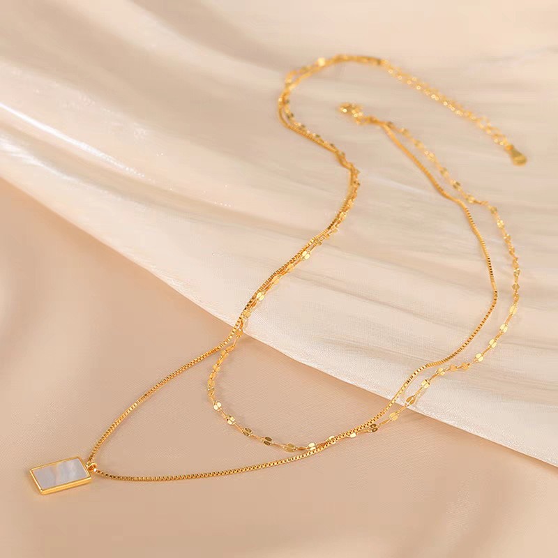 Layered Titanium Steel Cubic Zirconia Pendant Necklace – Dainty Double Chain Jewelry for Women