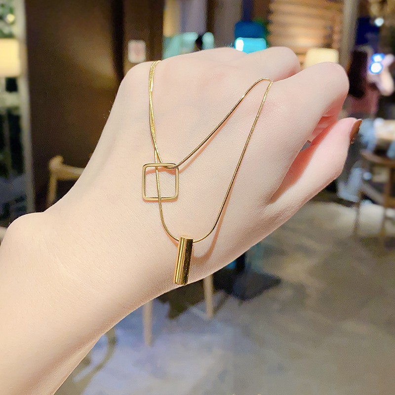 Modern Geometric Double Layer Titanium Steel Necklace – Minimalist Gold Pendant Jewelry