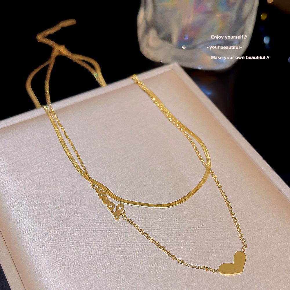 Double Layer Love & Heart Pendant Titanium Steel Necklace – Minimalist Romantic Jewelry for Women