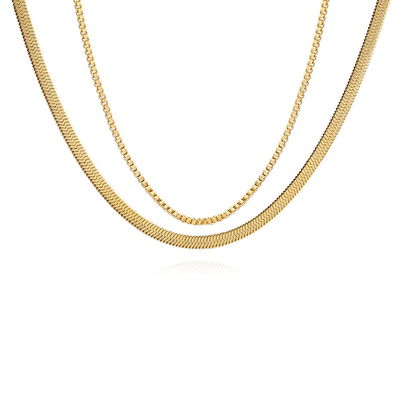Layered Titanium Steel Necklace for Women – Dual Chain Snake & Box Link Gold Choker