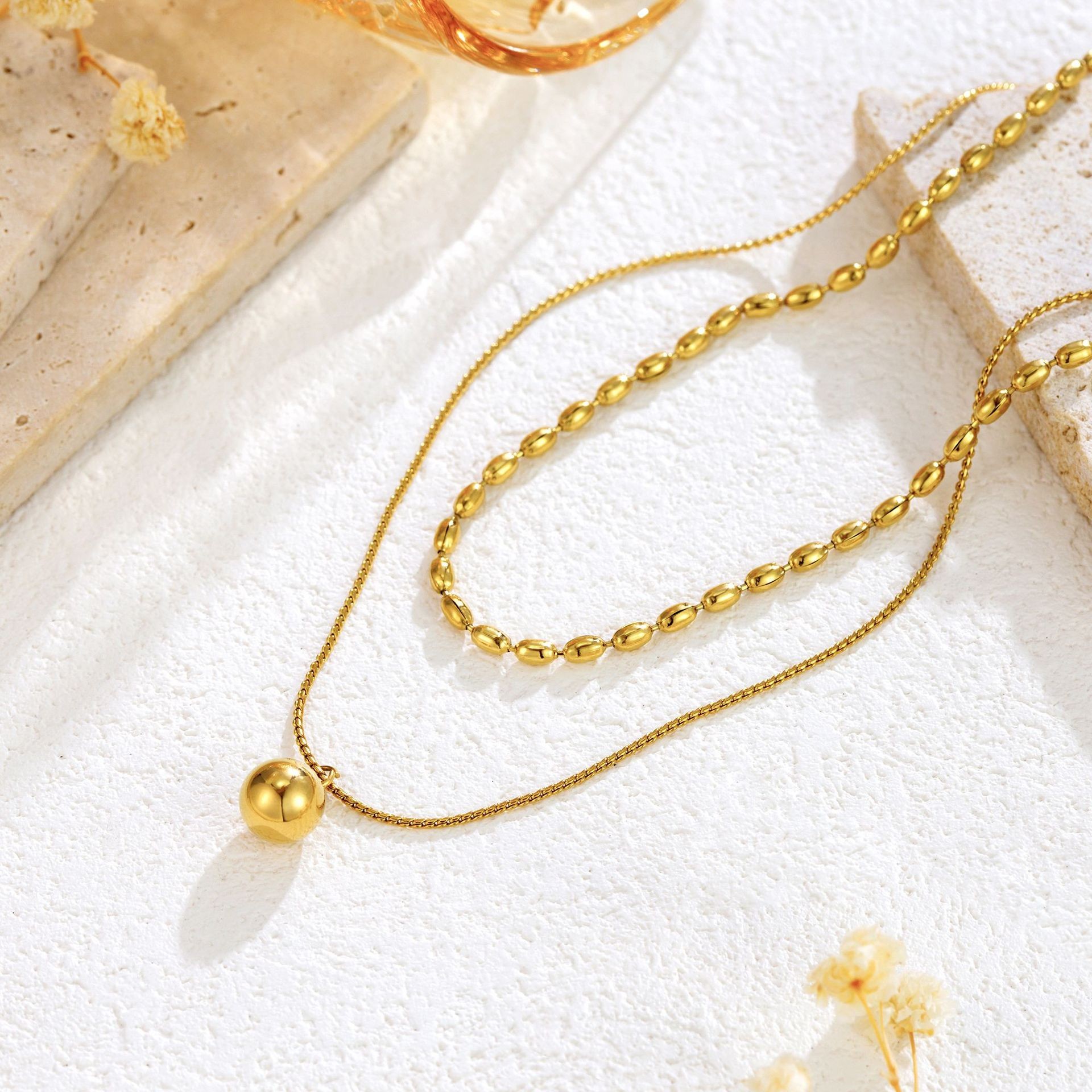 Layered Titanium Steel Beaded Pendant Necklace – Chic Gold Double Chain Jewelry