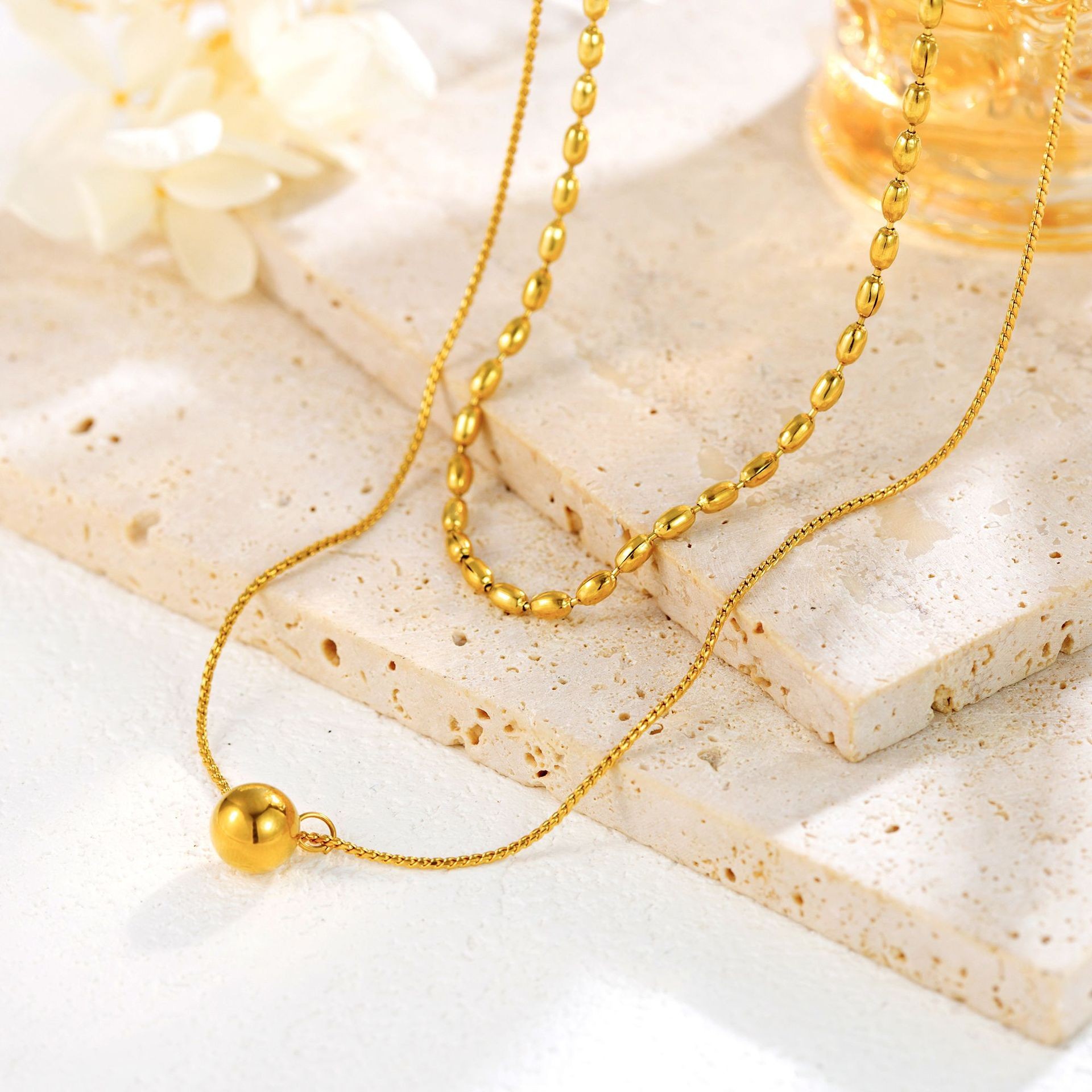Layered Titanium Steel Beaded Pendant Necklace – Chic Gold Double Chain Jewelry