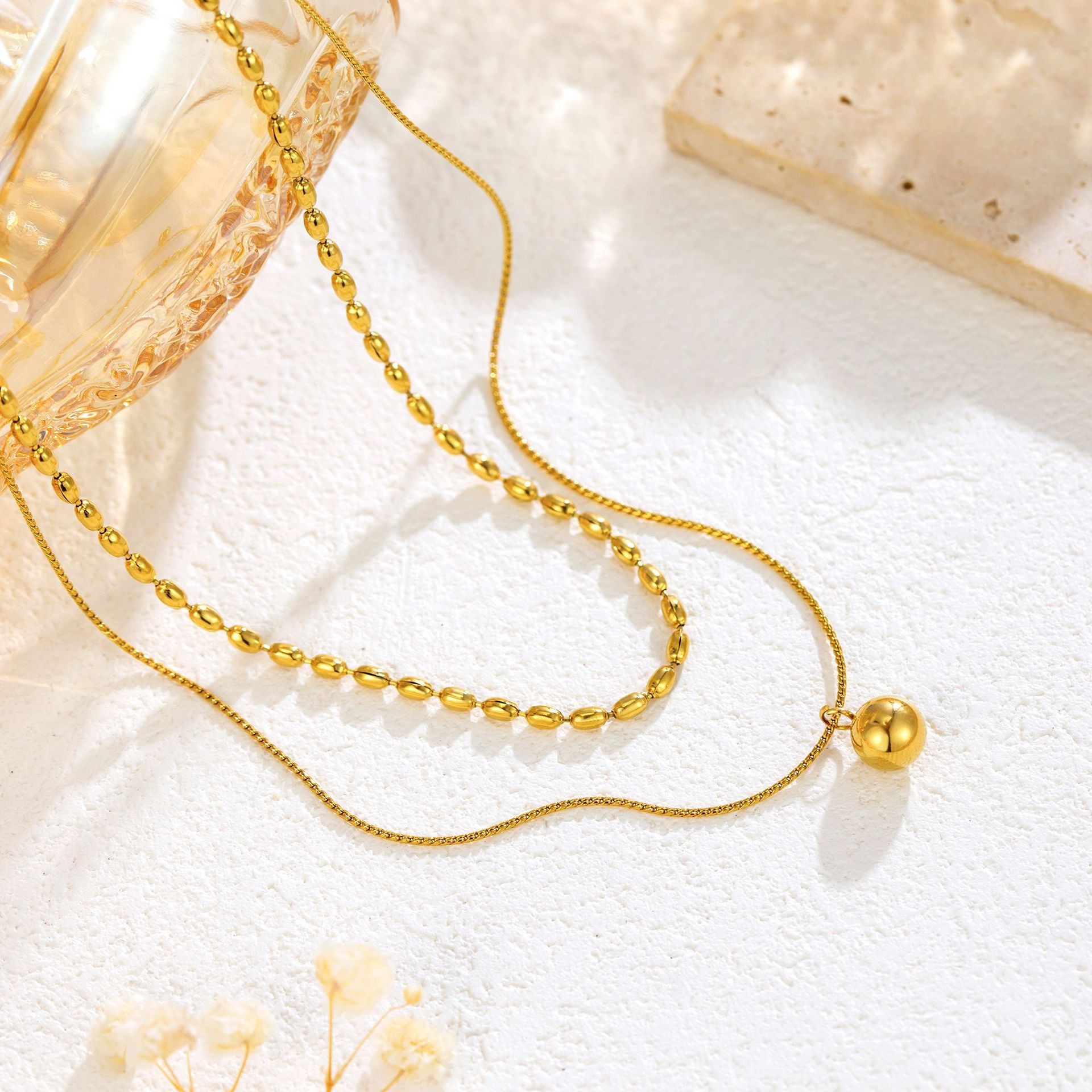 Layered Titanium Steel Beaded Pendant Necklace – Chic Gold Double Chain Jewelry