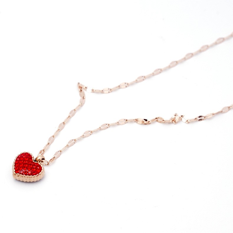 Red Heart Rhinestone Pendant Necklace – Rose Gold Titanium Steel
