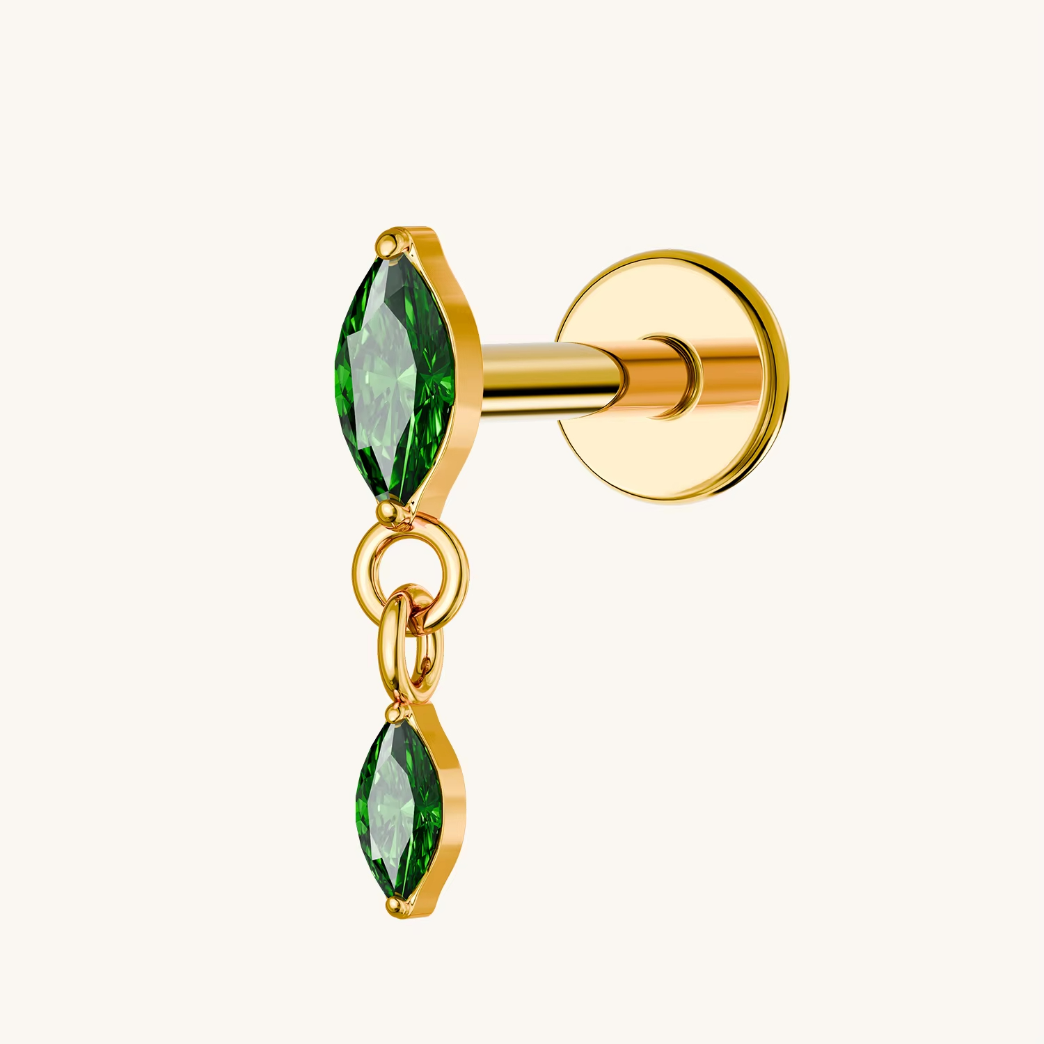 Double Green Marquise Cut Drop Labret Earrings Gold Zircon Stones Internal Thread for Cartilage Helix Use Body Jewelry