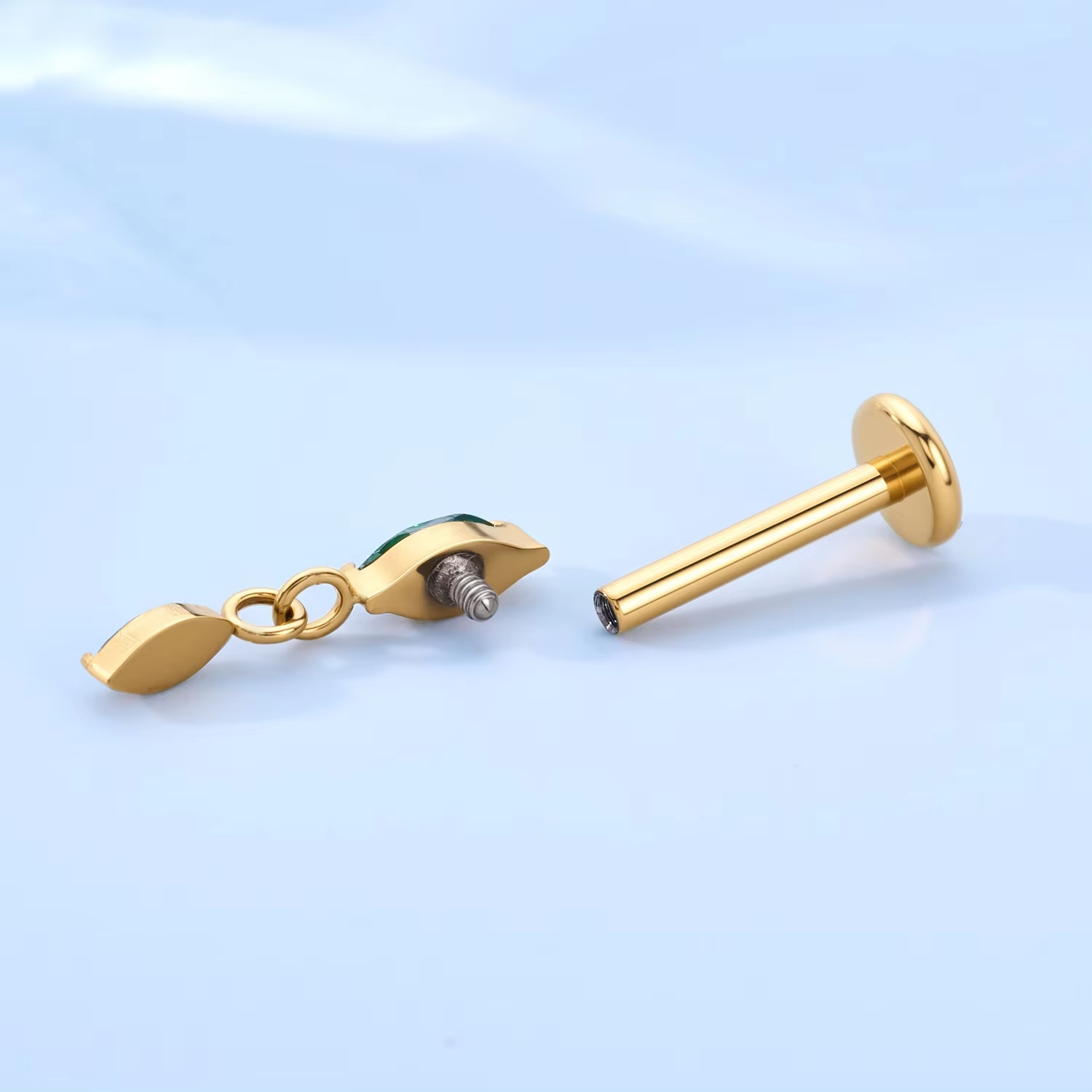 Double Green Marquise Cut Drop Labret Earrings Gold Zircon Stones Internal Thread for Cartilage Helix Use Body Jewelry