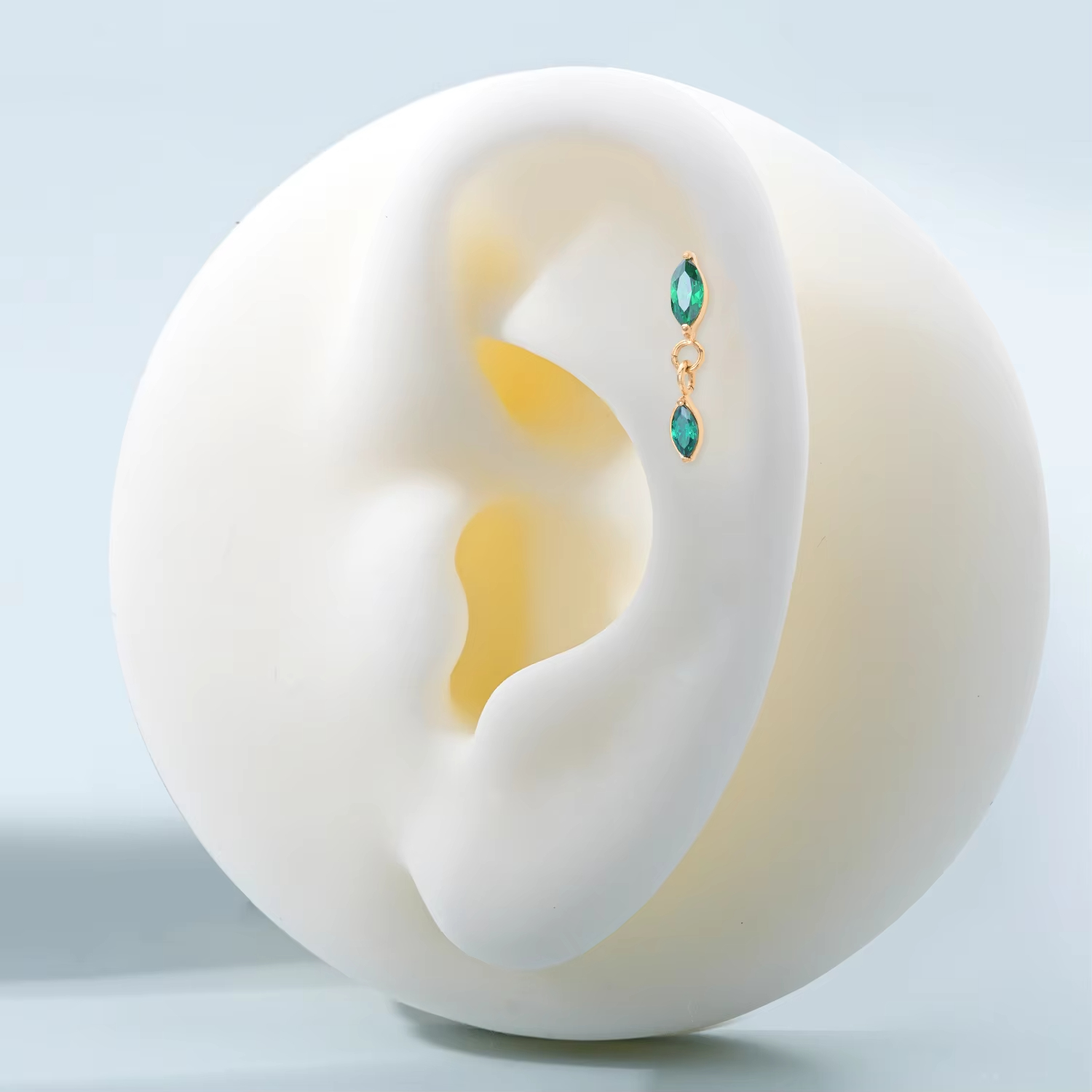 Double Green Marquise Cut Drop Labret Earrings Gold Zircon Stones Internal Thread for Cartilage Helix Use Body Jewelry