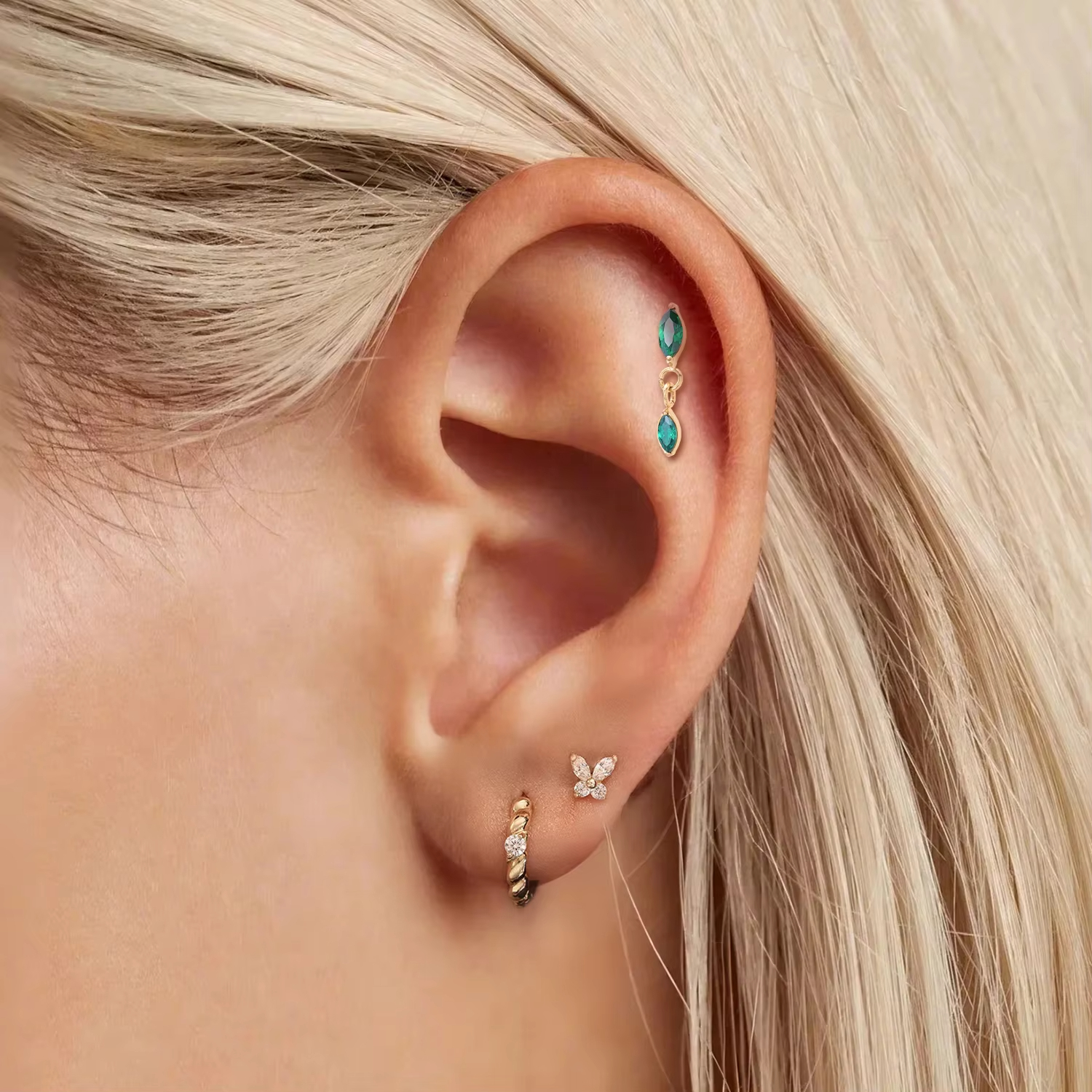 Double Green Marquise Cut Drop Labret Earrings Gold Zircon Stones Internal Thread for Cartilage Helix Use Body Jewelry