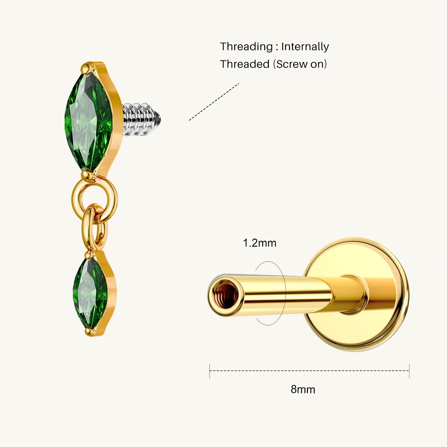 Double Green Marquise Cut Drop Labret Earrings Gold Zircon Stones Internal Thread for Cartilage Helix Use Body Jewelry