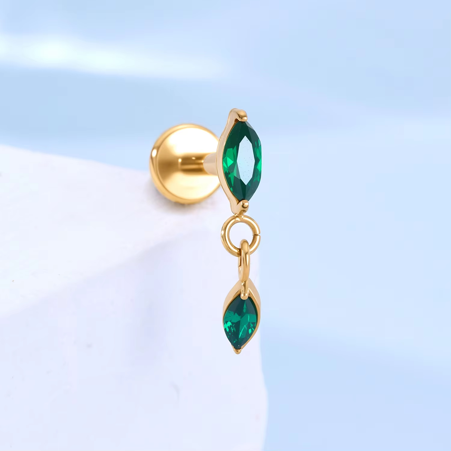 Double Green Marquise Cut Drop Labret Earrings Gold Zircon Stones Internal Thread for Cartilage Helix Use Body Jewelry