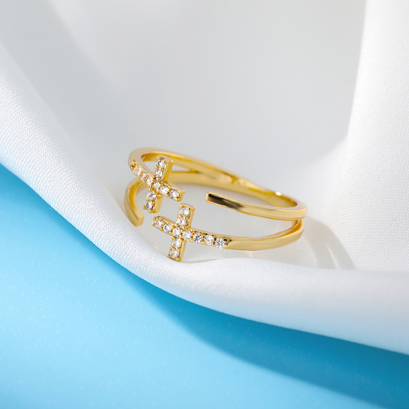 Double Layer Cross Micro Pave Zircon Ring, Gold Stainless Steel Cross Jewelry for Women Wholesale OEM