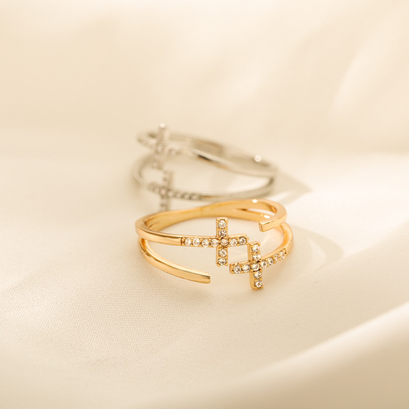 Double Layer Cross Micro Pave Zircon Ring, Gold Stainless Steel Cross Jewelry for Women Wholesale OEM