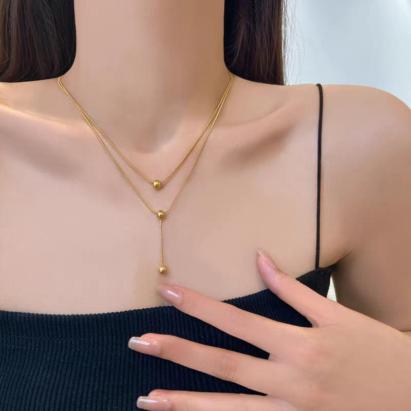Double Layer Gold Drop Necklace – Minimalist Beaded Pendant for Women