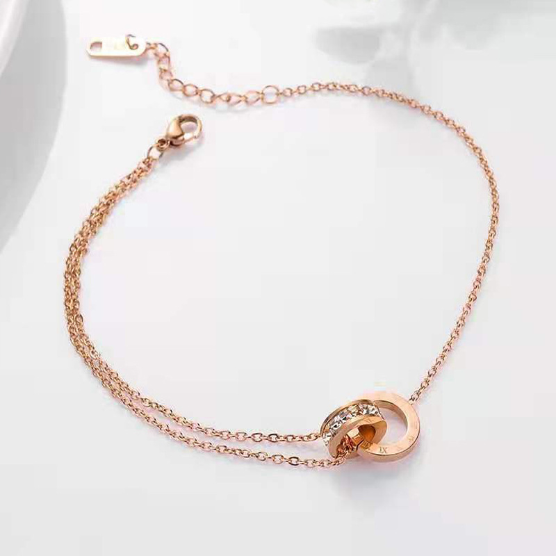 Rose Gold Double Ring Zircon Bracelet – Elegant Interlocking Circles Design for Women
