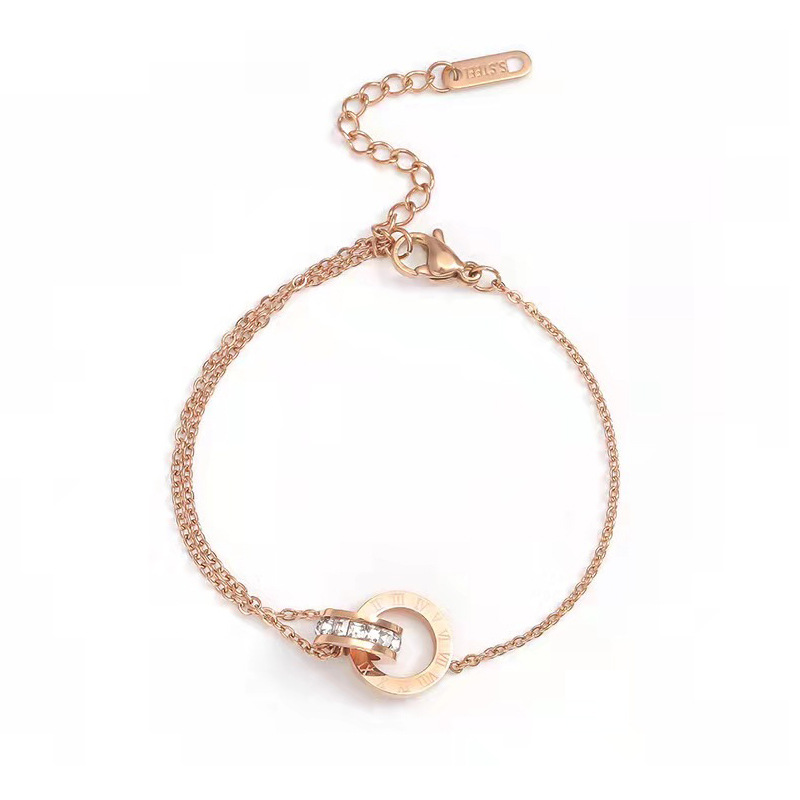 Rose Gold Double Ring Zircon Bracelet – Elegant Interlocking Circles Design for Women