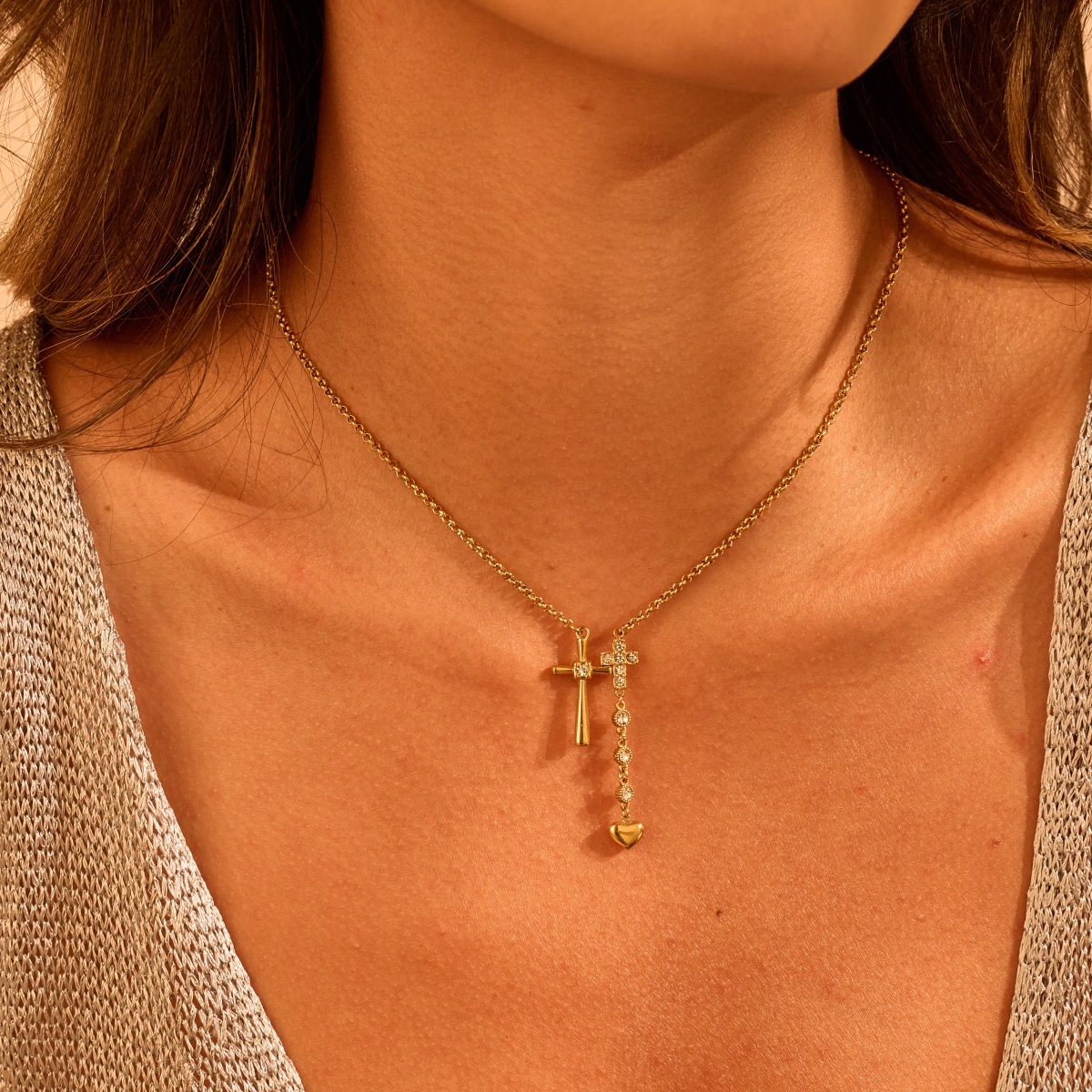 Double cross stainless steel Necklace with Crystal Heart Charm, Gold Tone Layered Pendant Jewelry for Women