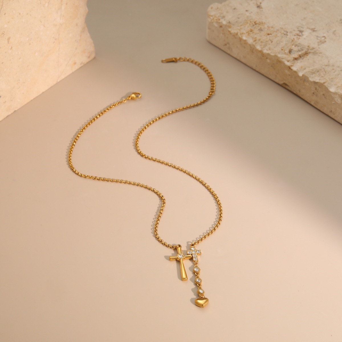 Double cross stainless steel Necklace with Crystal Heart Charm, Gold Tone Layered Pendant Jewelry for Women
