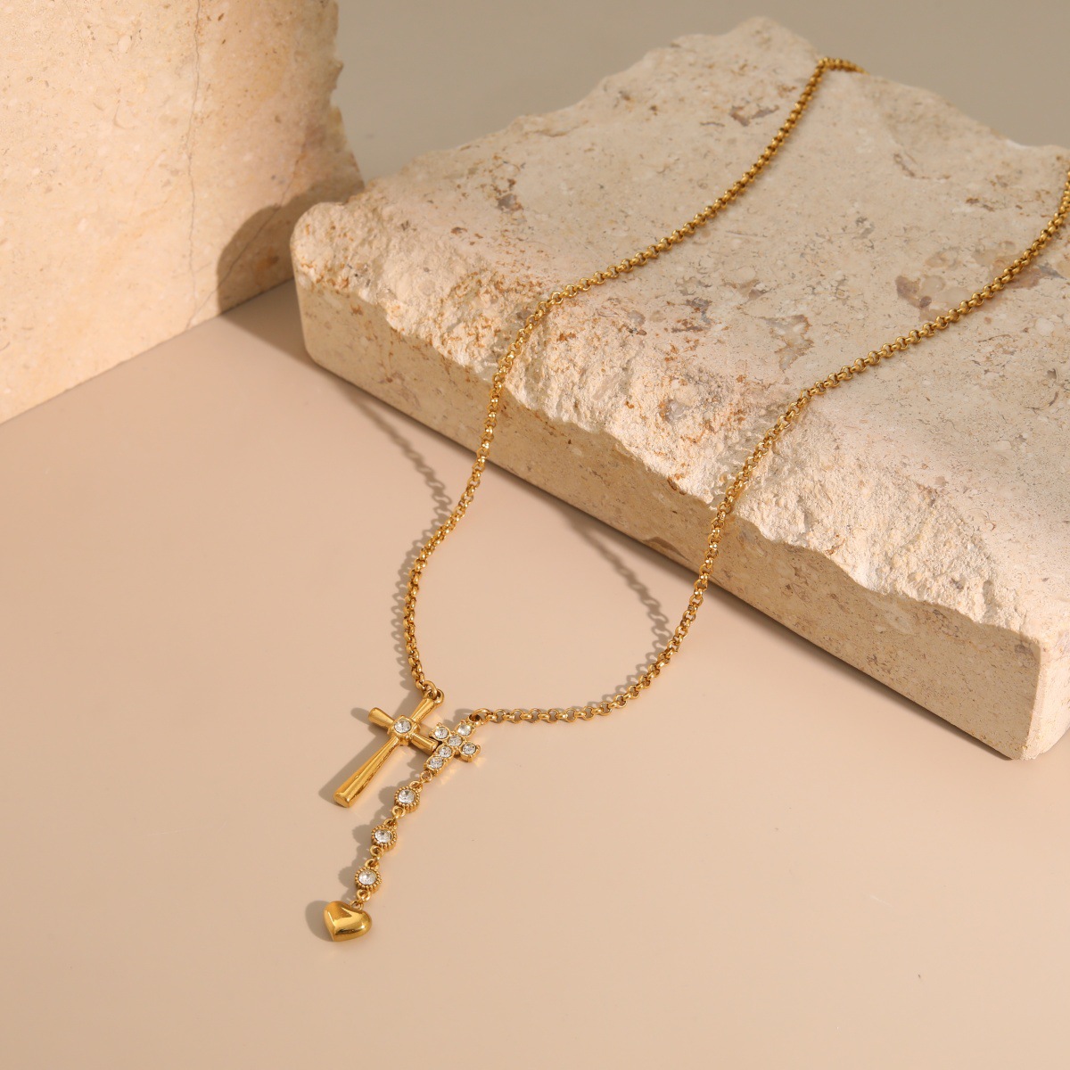 Double cross stainless steel Necklace with Crystal Heart Charm, Gold Tone Layered Pendant Jewelry for Women