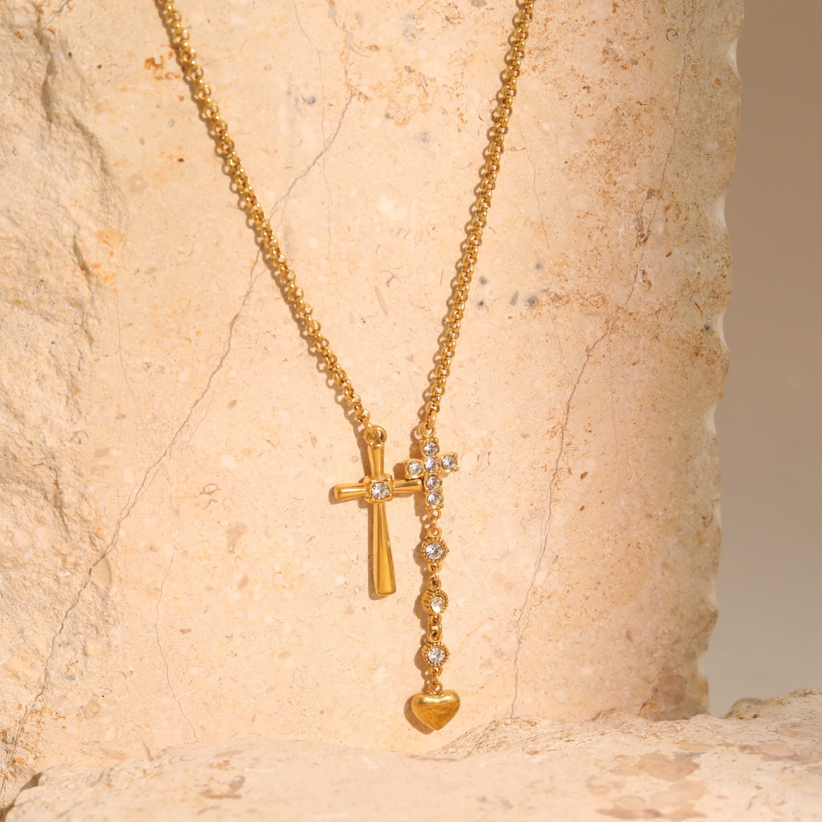 Double cross stainless steel Necklace with Crystal Heart Charm, Gold Tone Layered Pendant Jewelry for Women