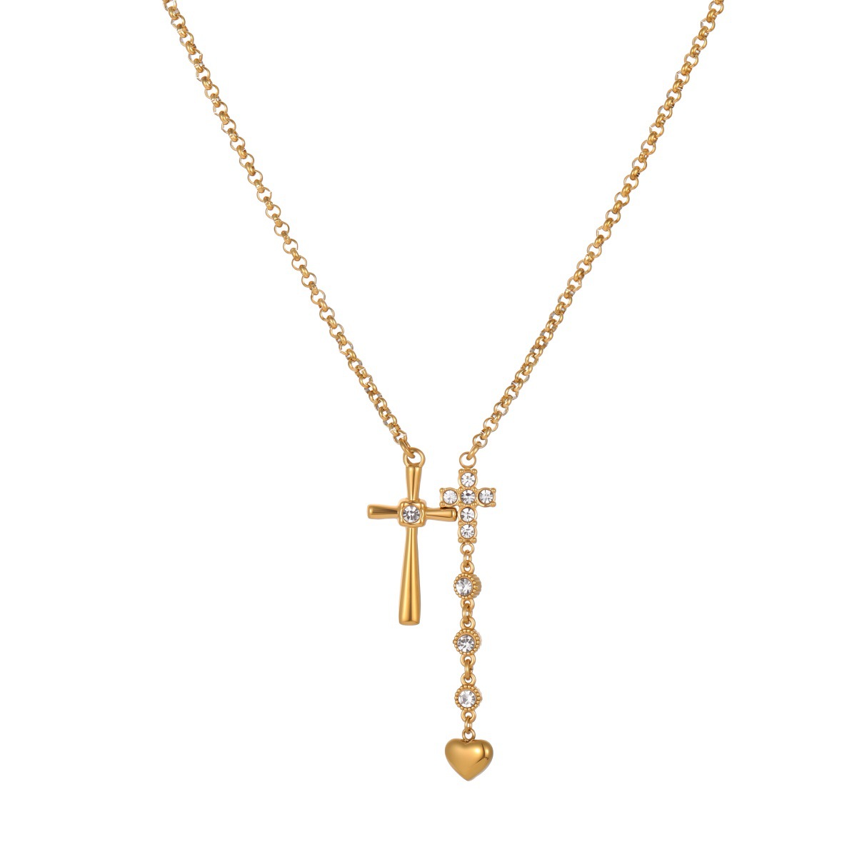 Double cross stainless steel Necklace with Crystal Heart Charm, Gold Tone Layered Pendant Jewelry for Women