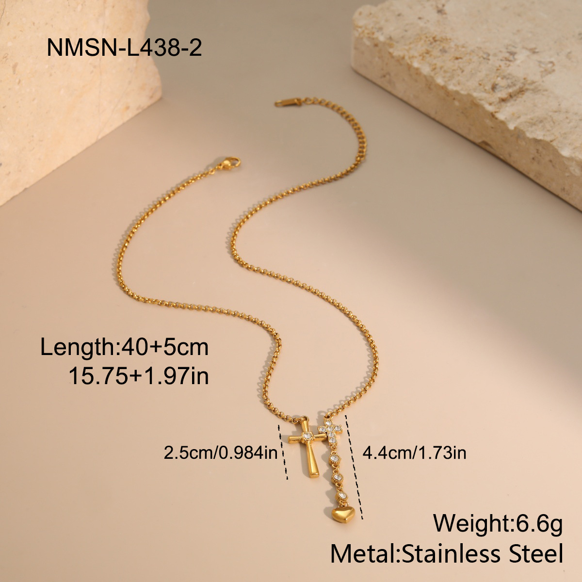 Double cross stainless steel Necklace with Crystal Heart Charm, Gold Tone Layered Pendant Jewelry for Women