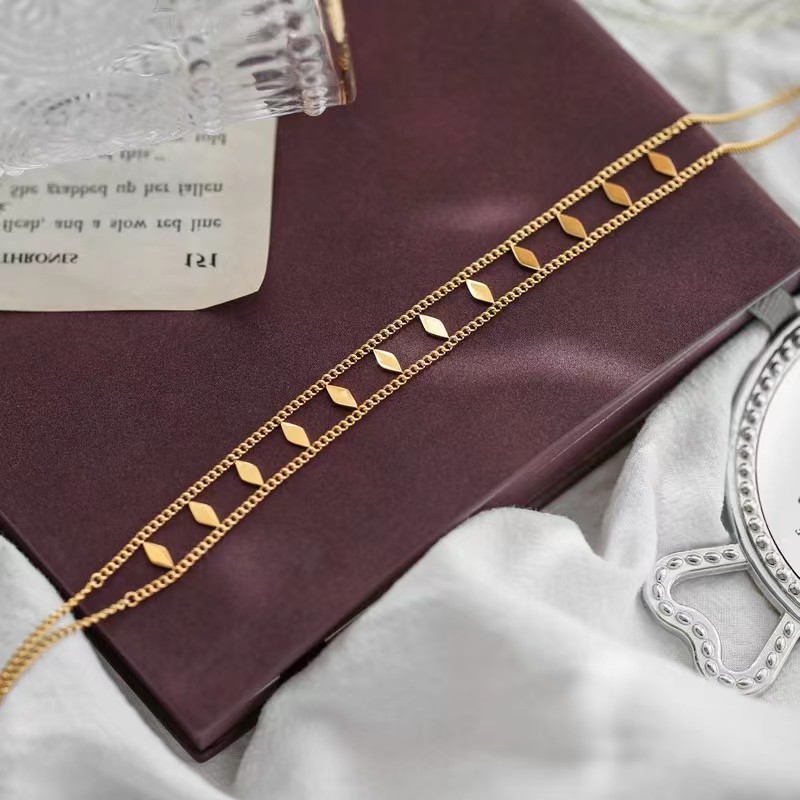 Gold Titanium Steel Layered Necklace with Leaf Charms