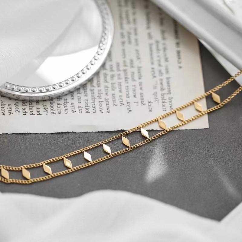 Gold Titanium Steel Layered Necklace with Leaf Charms