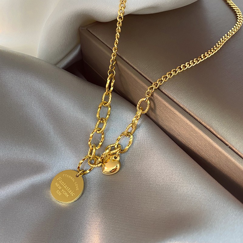 Chunky Double Pendant Titanium Steel Necklace – Urban Statement Chain with Heart & Round Tag