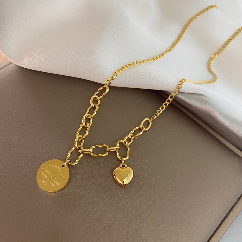 Chunky Double Pendant Titanium Steel Necklace – Urban Statement Chain with Heart & Round Tag