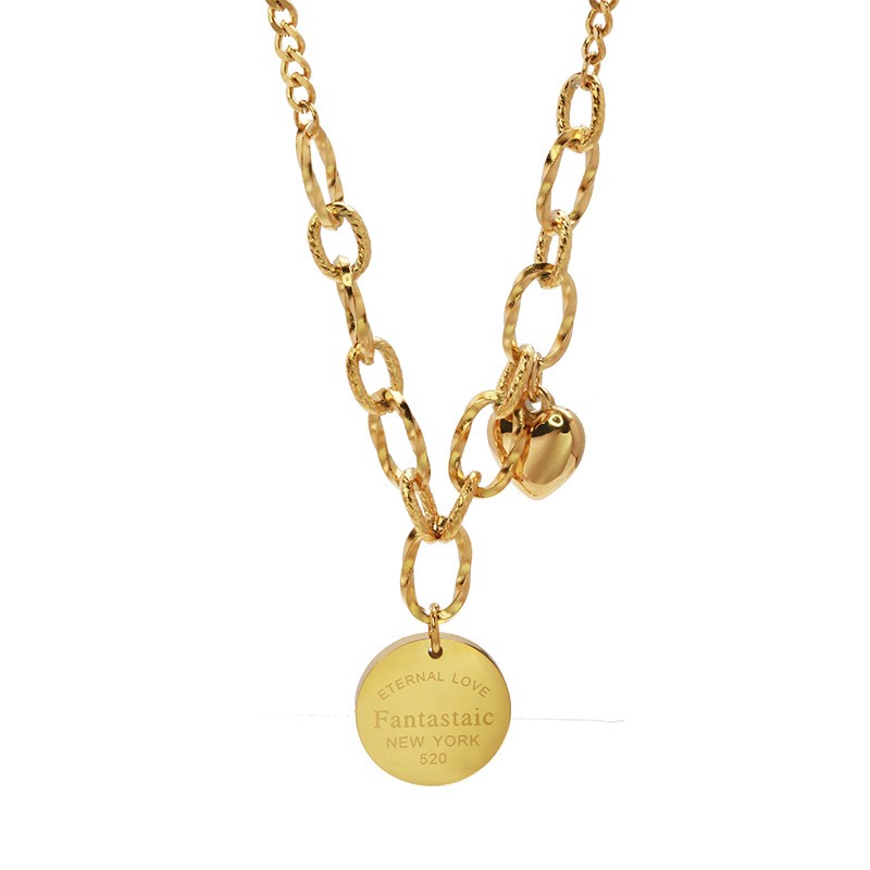 Chunky Double Pendant Titanium Steel Necklace – Urban Statement Chain with Heart & Round Tag