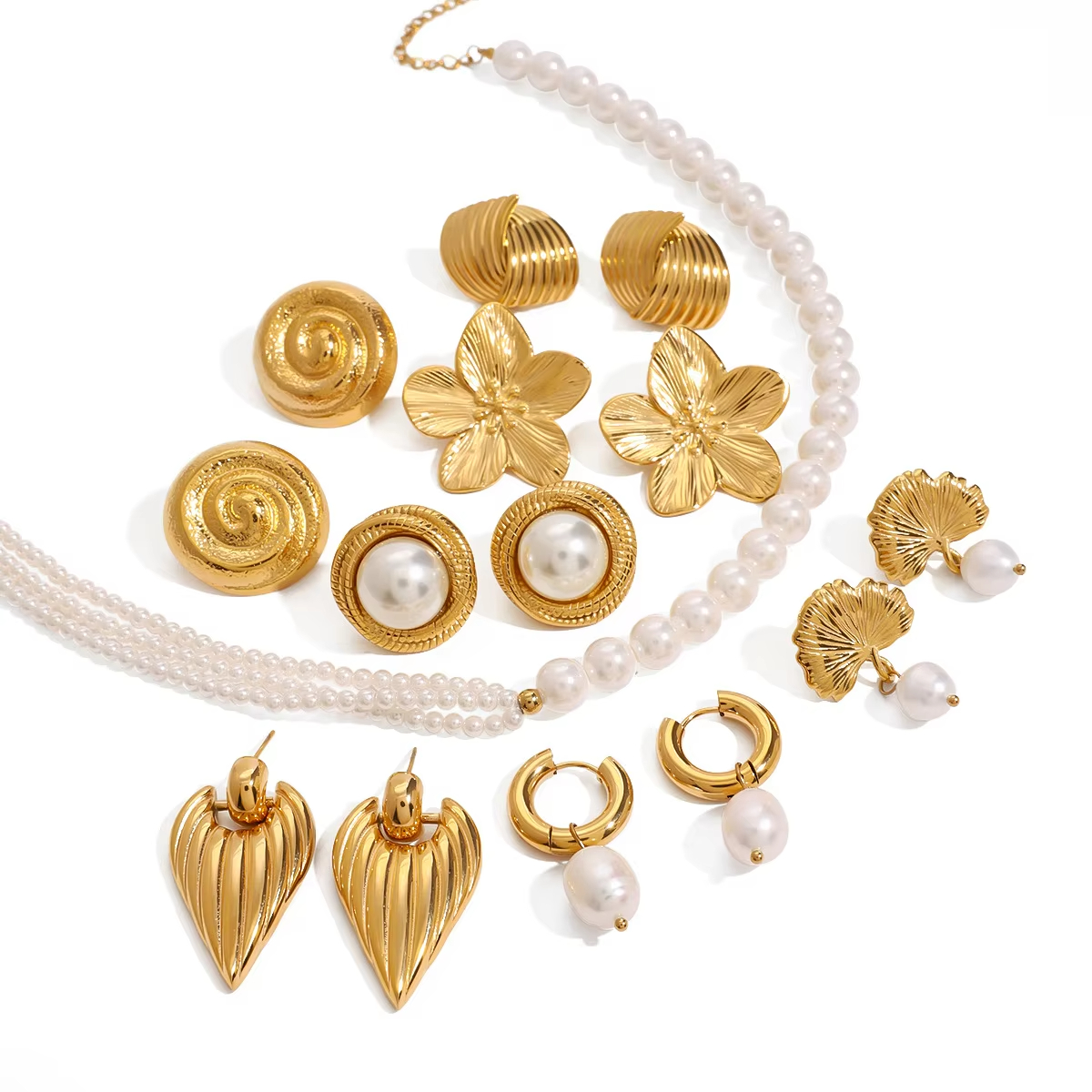 Earrings Set French Vintage Earrings Stainless Steel High-end PVD Gold Plated Elegant Pearl Drop Earrings for Women