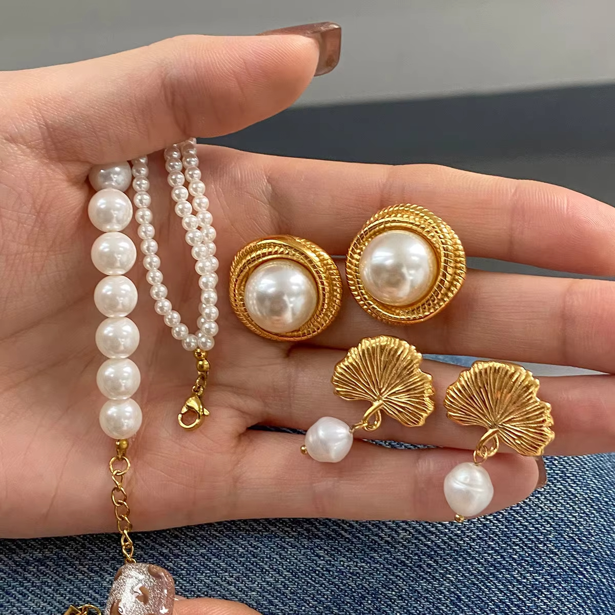 Earrings Set French Vintage Earrings Stainless Steel High-end PVD Gold Plated Elegant Pearl Drop Earrings for Women