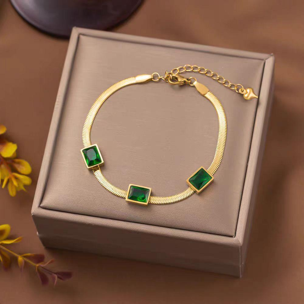 Elegant 18K Gold Plated Stainless Steel Bracelet for Women with Green Rectangular Crystals, Adjustable Snake Chain Jewelry