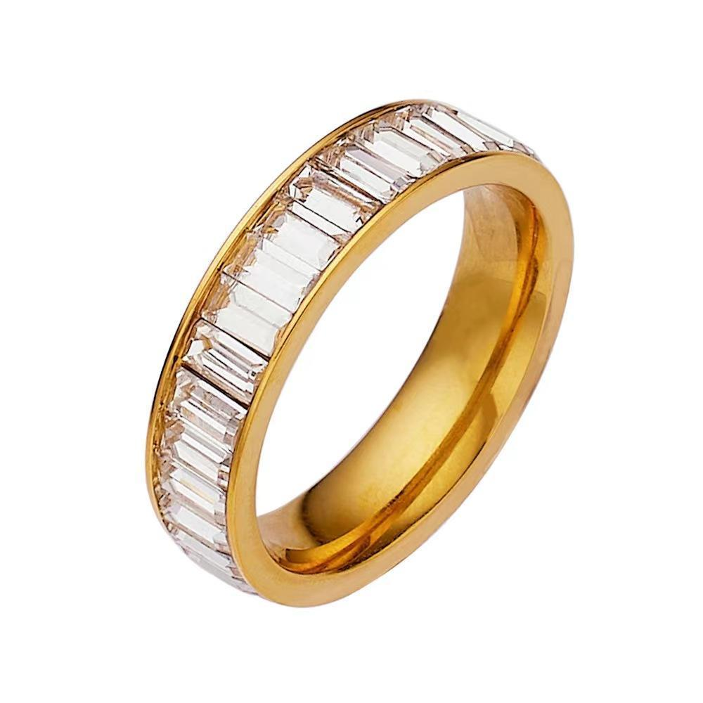 Elegant Baguette CZ 18K Gold Plated Stainless Steel Band Ring for Women Engagement or Anniversary