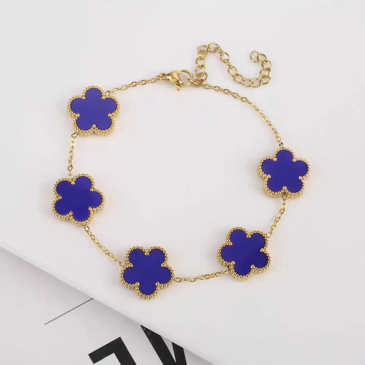 Elegant Blue Clover Bracelet for Women – 18K Gold Plated Stainless Steel Adjustable Chain Jewelry with Flower Charms
