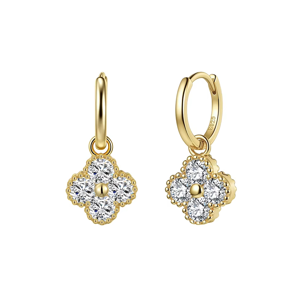 Elegant Clover Shape Moissanite Hoop Drop Earrings Delicate Beaded Halo Design 925 Sterling Silver Fine Jewelry for Women