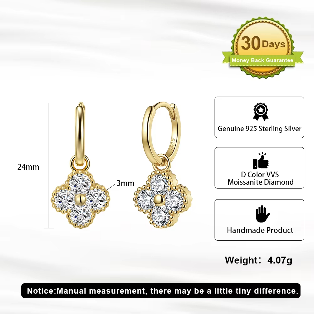 Elegant Clover Shape Moissanite Hoop Drop Earrings Delicate Beaded Halo Design 925 Sterling Silver Fine Jewelry for Women