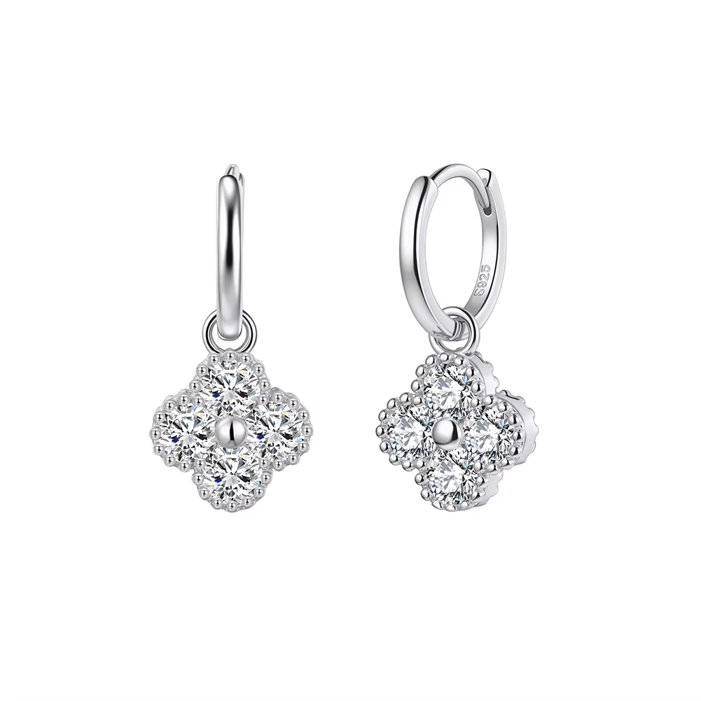 Elegant Clover Shape Moissanite Hoop Drop Earrings Delicate Beaded Halo Design 925 Sterling Silver Fine Jewelry for Women