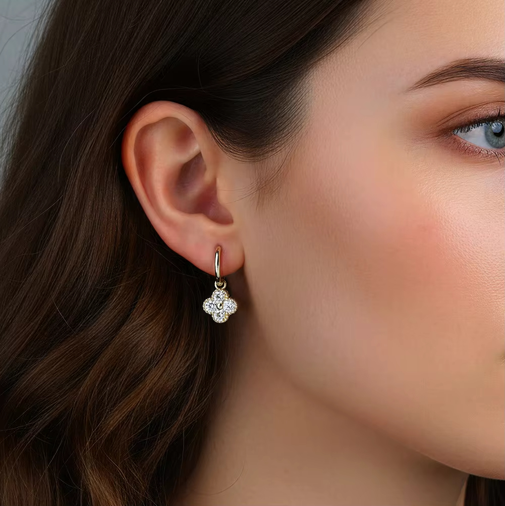 Elegant Clover Shape Moissanite Hoop Drop Earrings Delicate Beaded Halo Design 925 Sterling Silver Fine Jewelry for Women