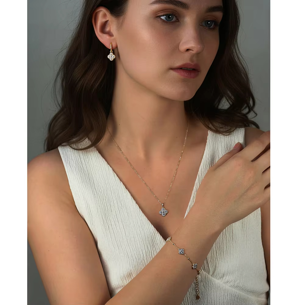 Elegant Clover Shape Moissanite Hoop Drop Earrings Delicate Beaded Halo Design 925 Sterling Silver Fine Jewelry for Women