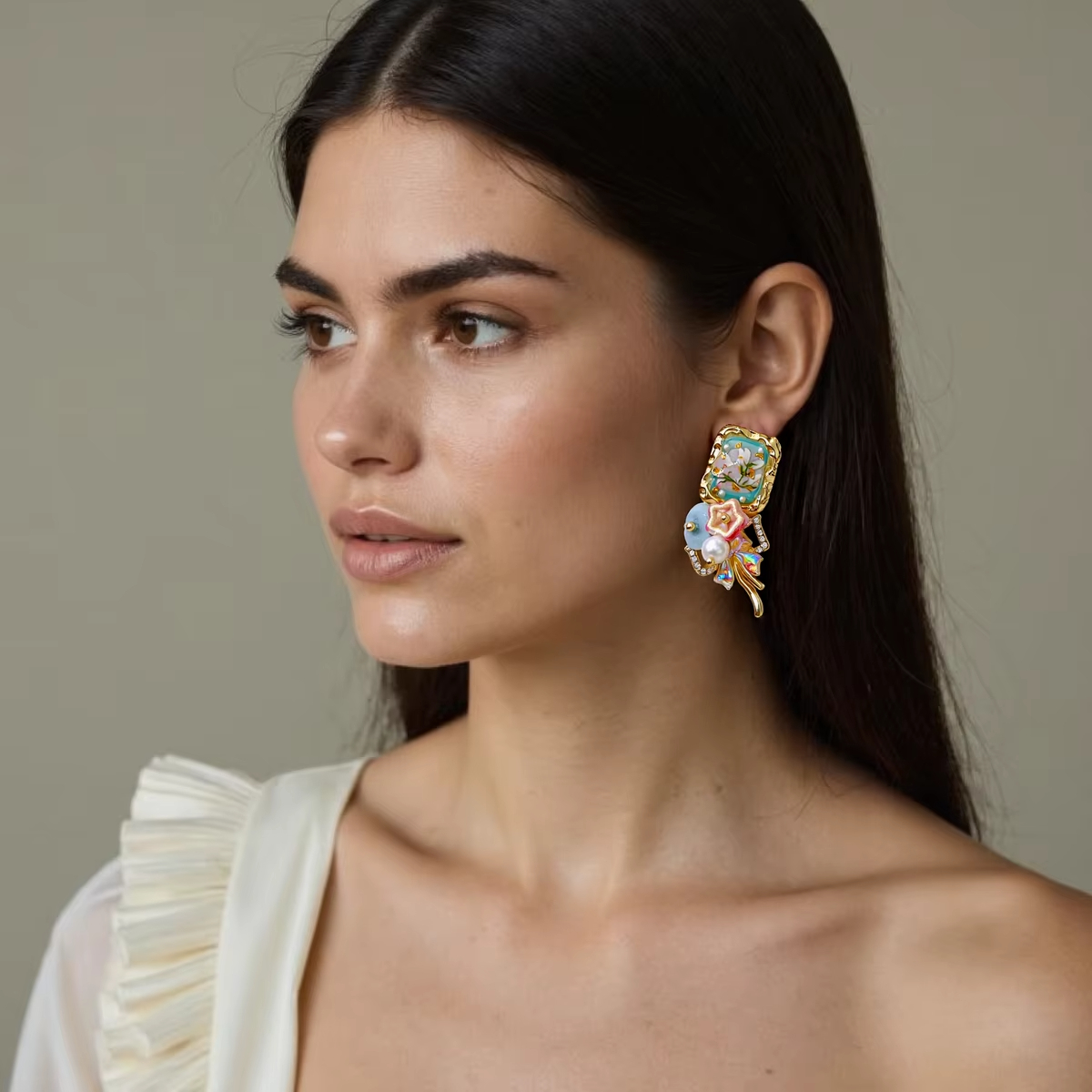 Elegant Delicate Gold Plated Vintage-style Oil Painting Frame Real Flower Stud Earrings for Women Jewelry Fine Stud Earring