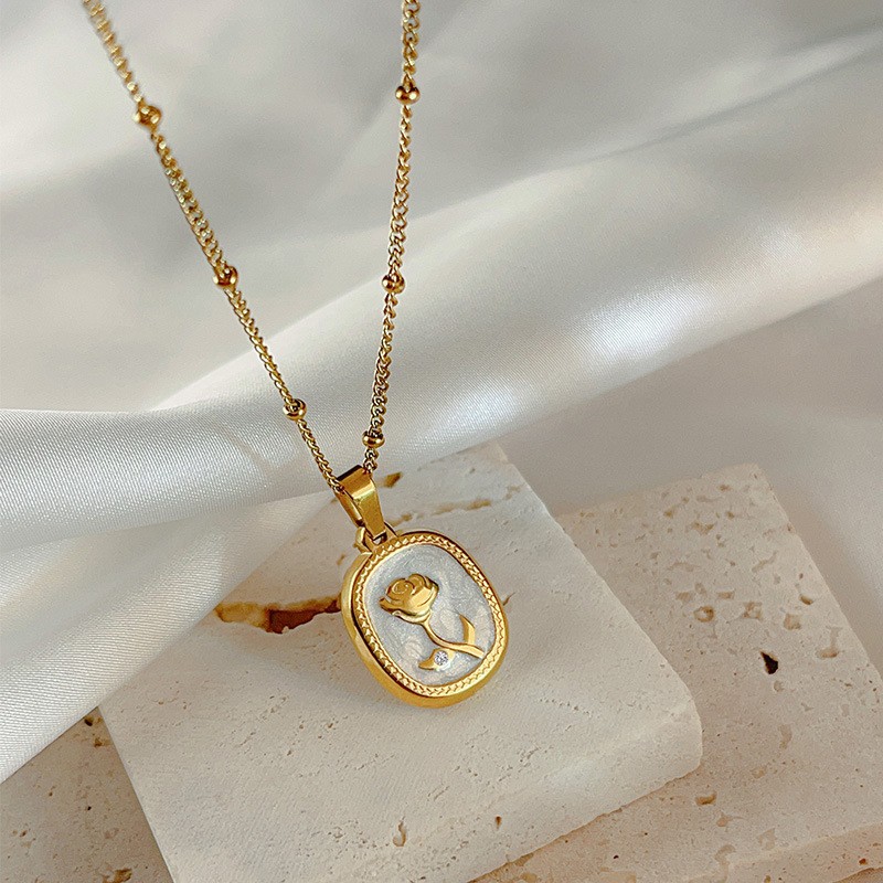 Elegant Enamel Rose Titanium Steel Necklace for Women – Diamond Accent Clavicle Chain